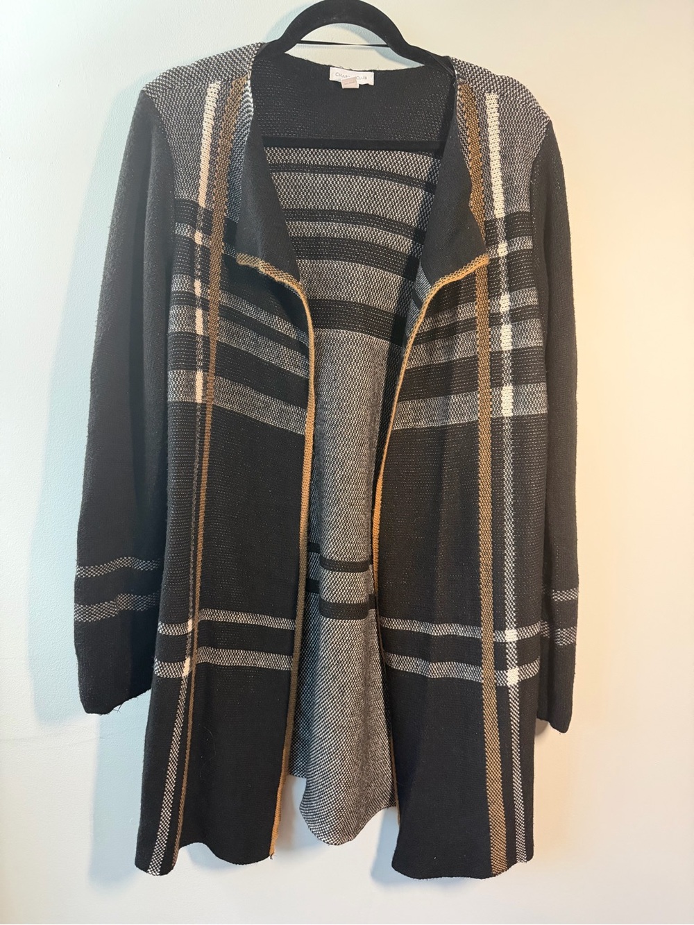 Charter Club Black Plaid Open-Front Cardigan with Tan & White Stripes